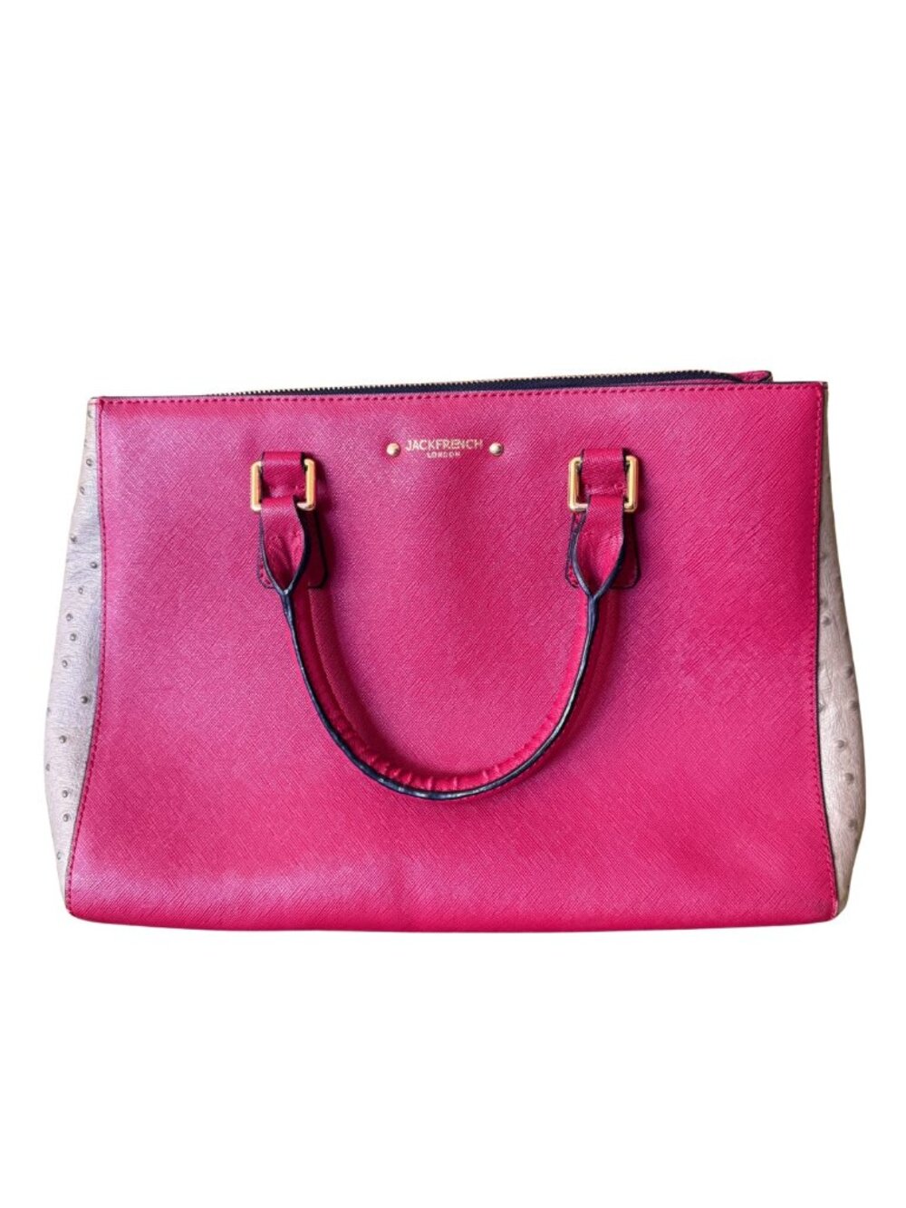 Jack French London Red Saffiano Ostrich Leather Tote Handbag Purple Interior